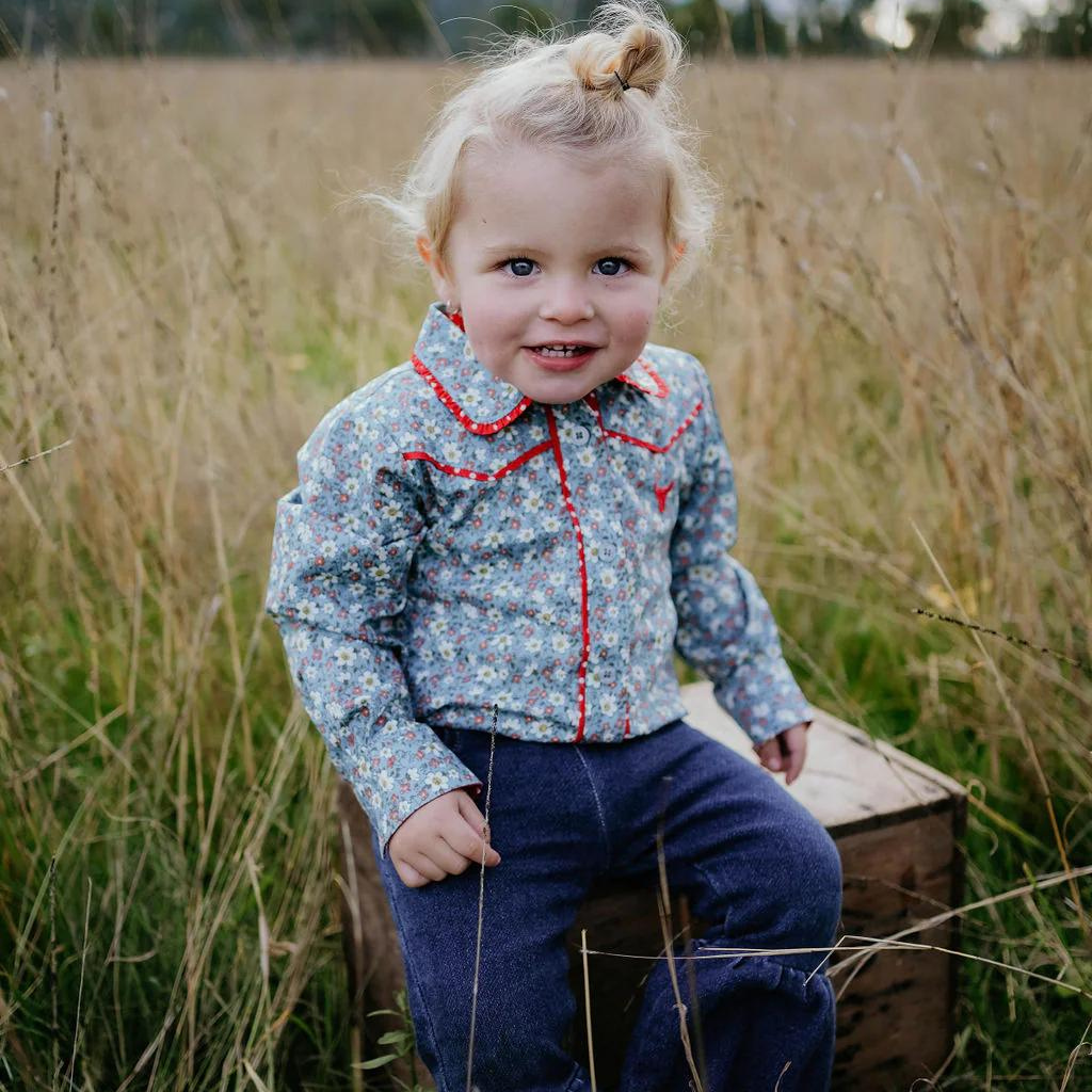 Little Windmill Girls Paris Baby Floral Blues Red Collar Romper