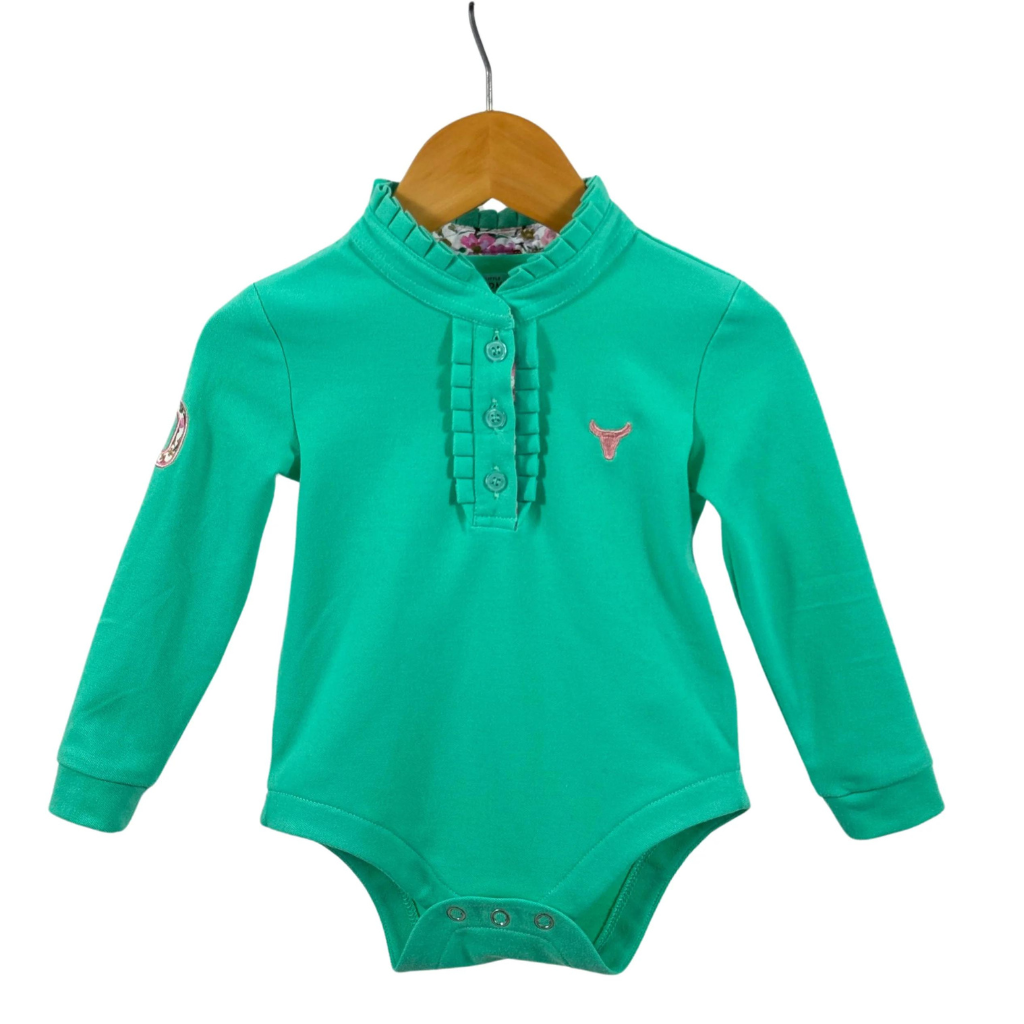 Little Windmill Jill Baby Contrast Long Sleeve Baby Polo Romper - Lush Mint