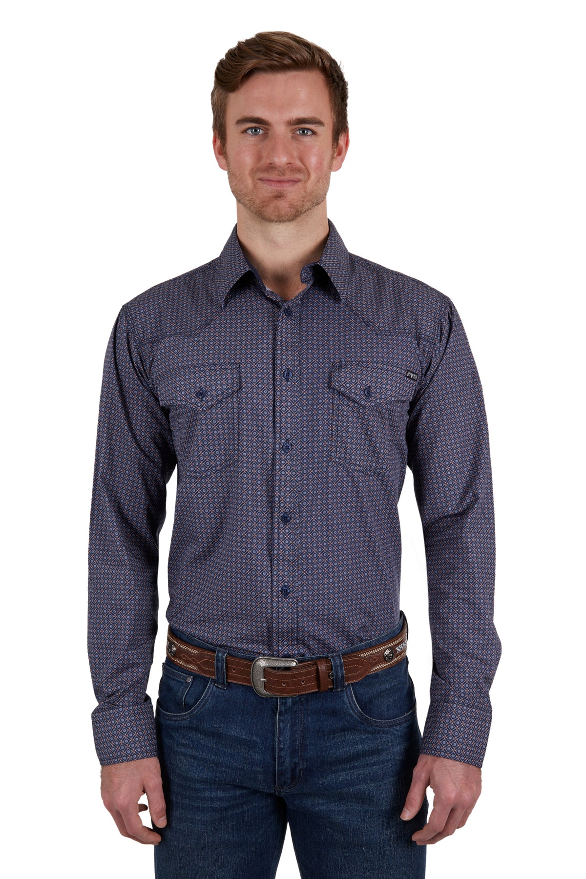 Pure Western Mens Avondale Shirt - Navy/Orange