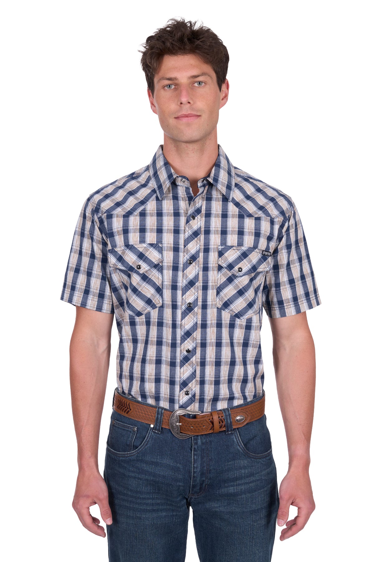 Pure Western Mens Peter Short Sleeve Shirt - Navy/Tan