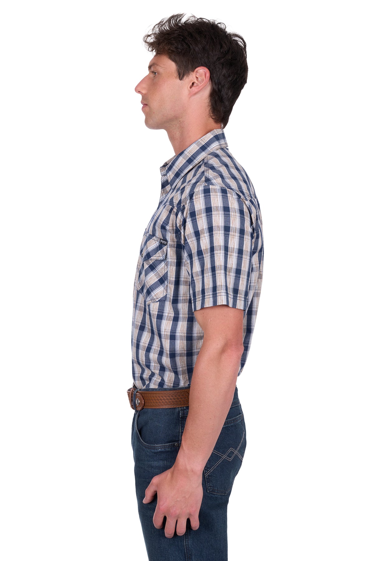 Pure Western Mens Peter Short Sleeve Shirt - Navy/Tan