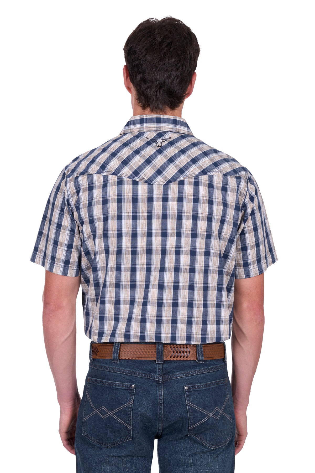 Pure Western Mens Peter Short Sleeve Shirt - Navy/Tan