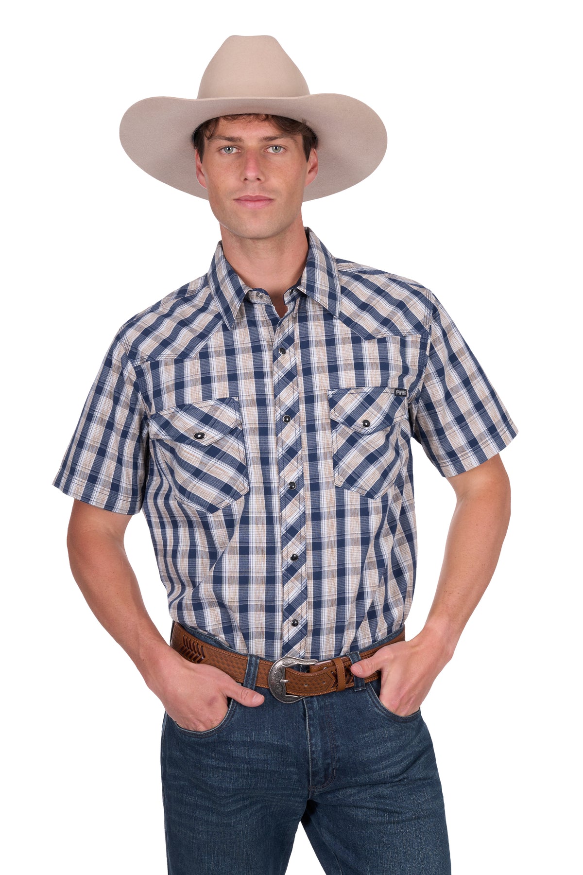 Pure Western Mens Peter Short Sleeve Shirt - Navy/Tan