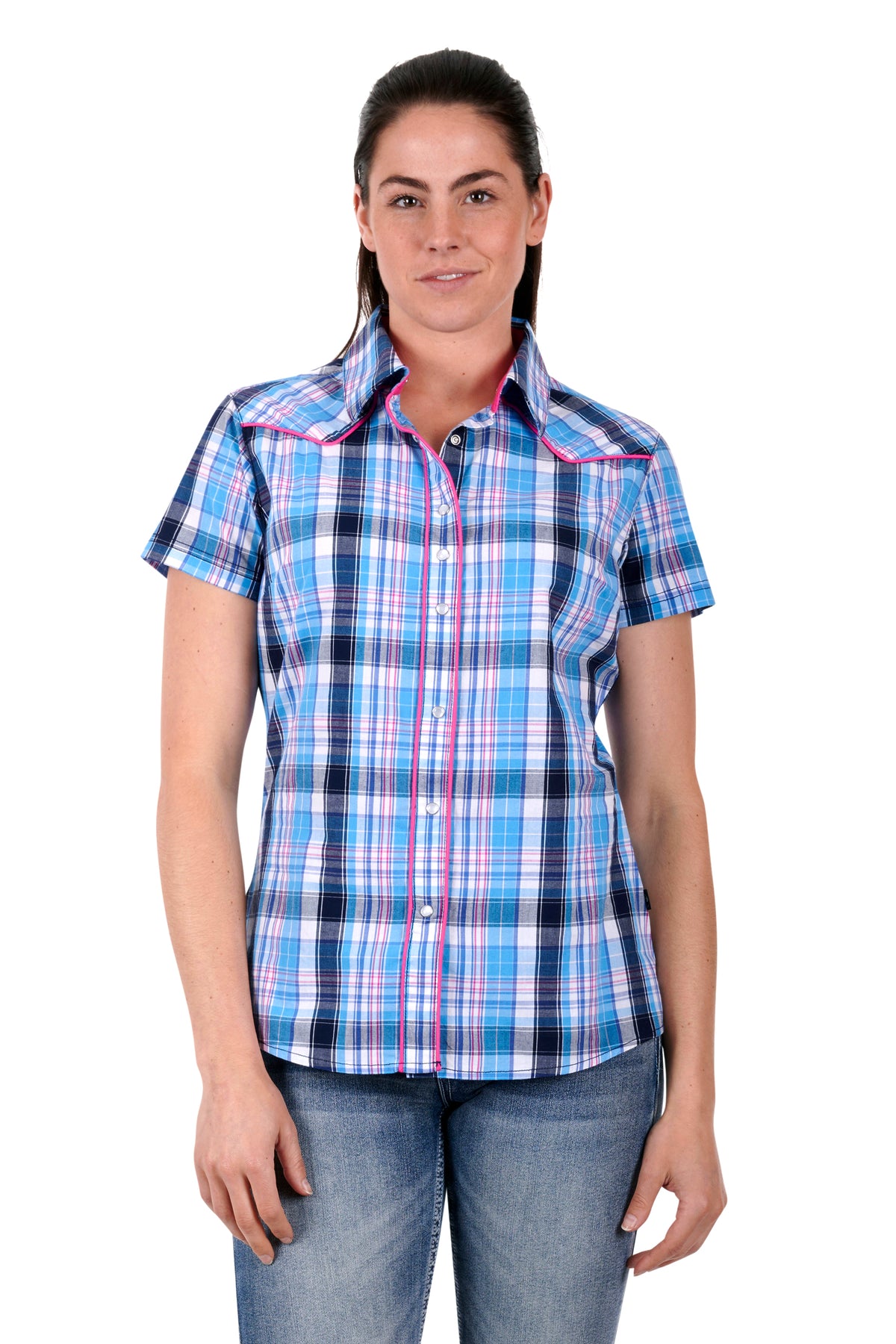 Pure Western Womens Shiloh Short Sleeve Shirt - Blue/Coral