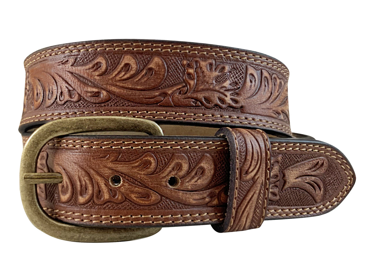 Roper Womens Belt Floral Embossed Distressed Leather - Tan