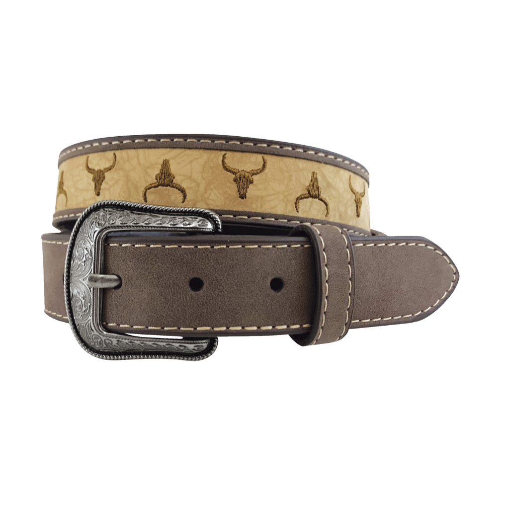 Roper Boys Leather Steer Head Embroidered Belt - Brown