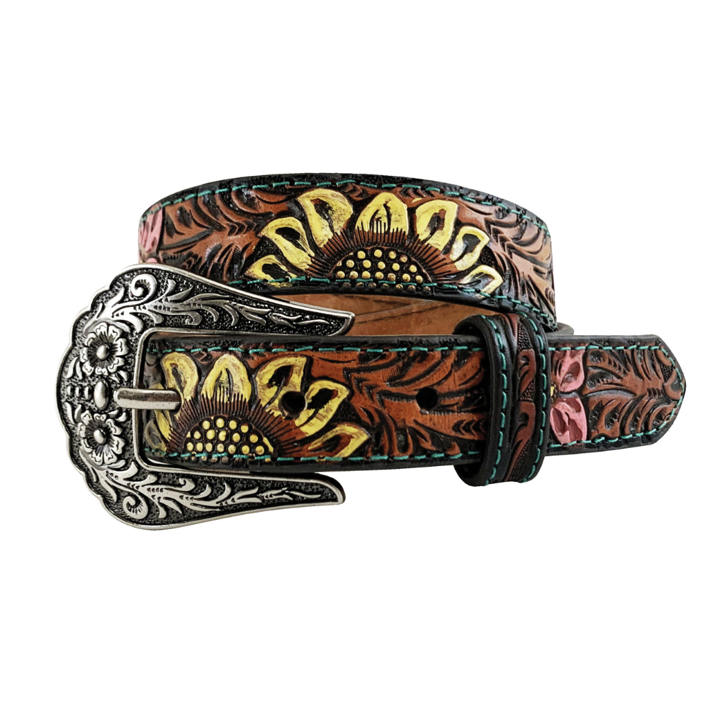 Roper Girls Hand Tooled Leather Belt - Sunflower Brown