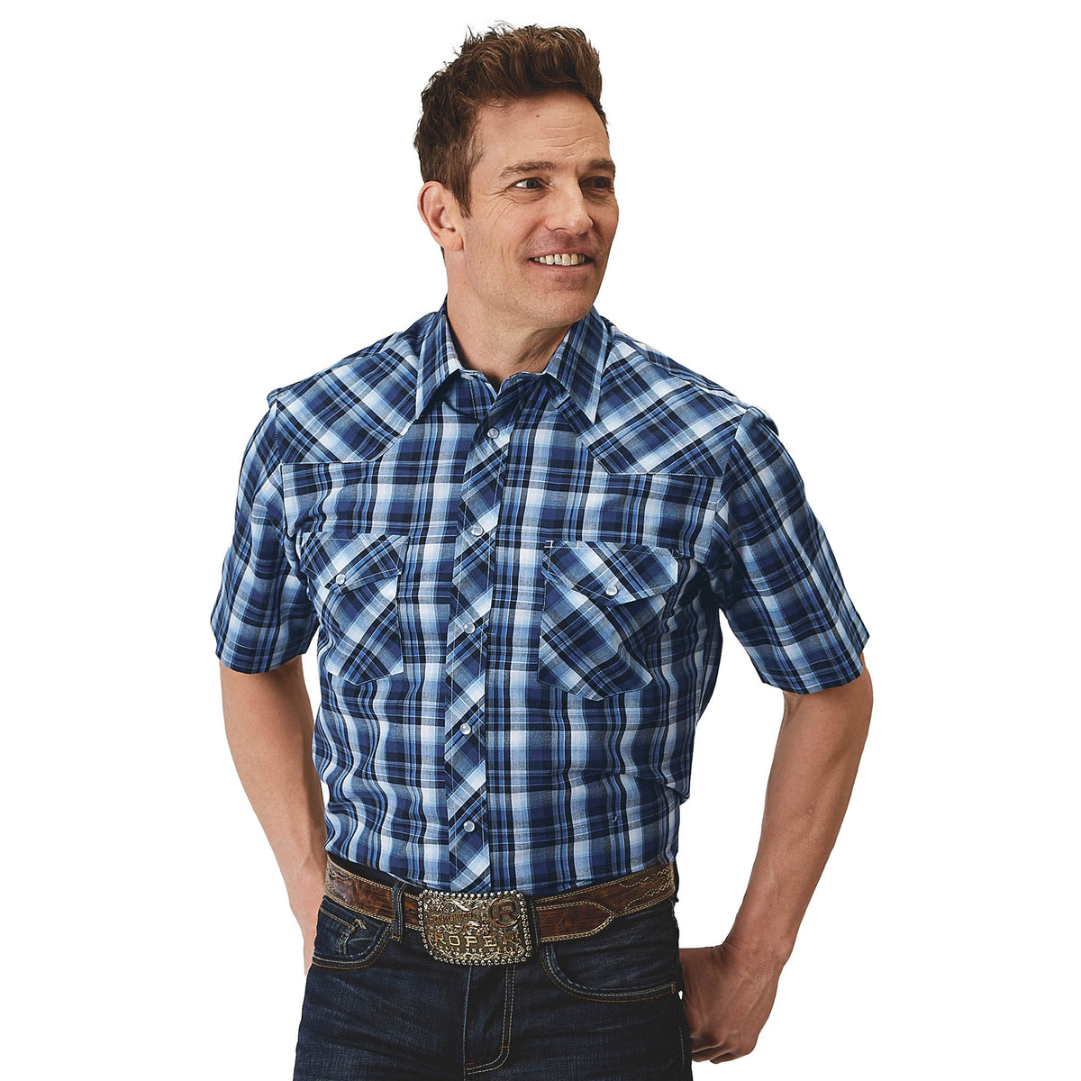 Roper Mens Karman Classic Short Sleeve Shirt - Plaid Blue