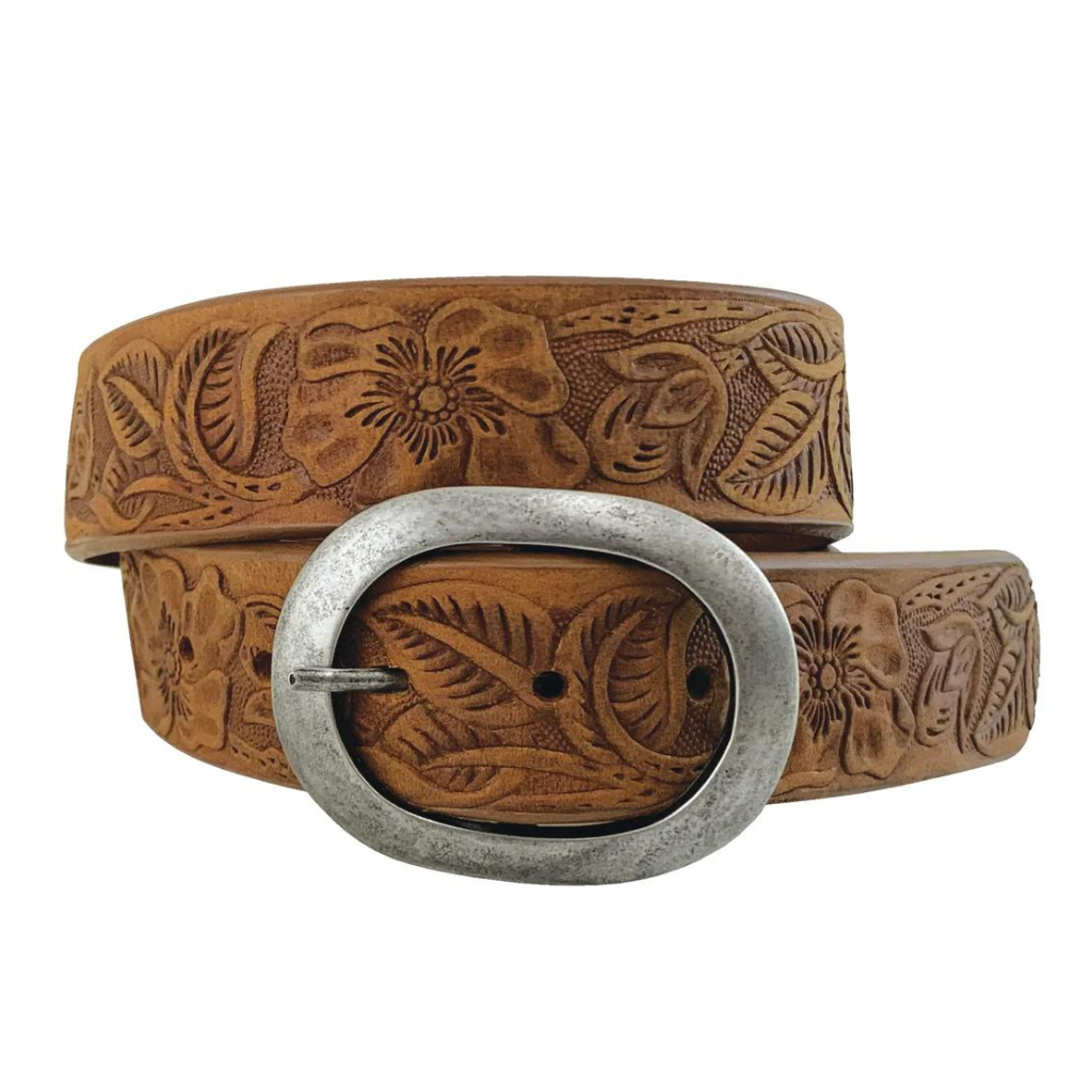 Roper Womens Belt - Floral Embossed Bridle Leather Rusty