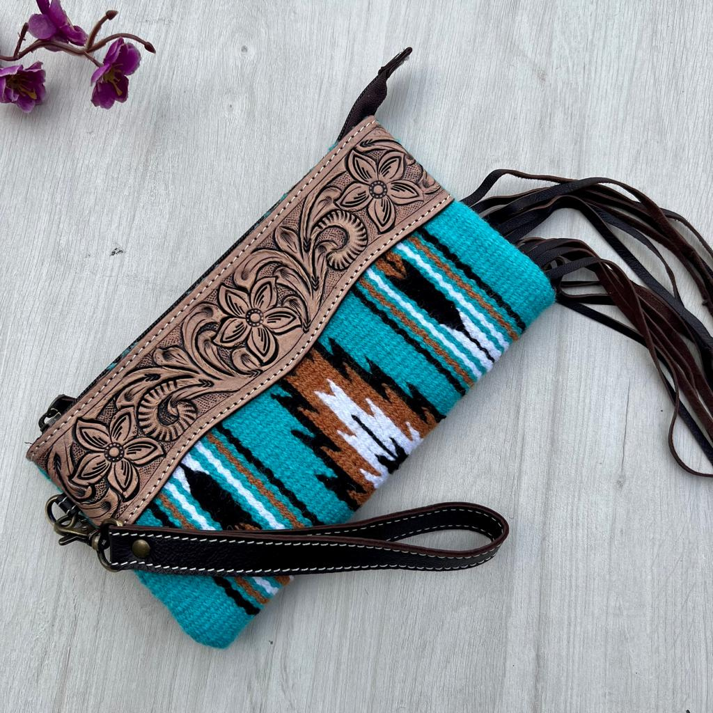 Saddle Blanket Tassel Clutch w/Tooled Leather - Turquoise/Brown