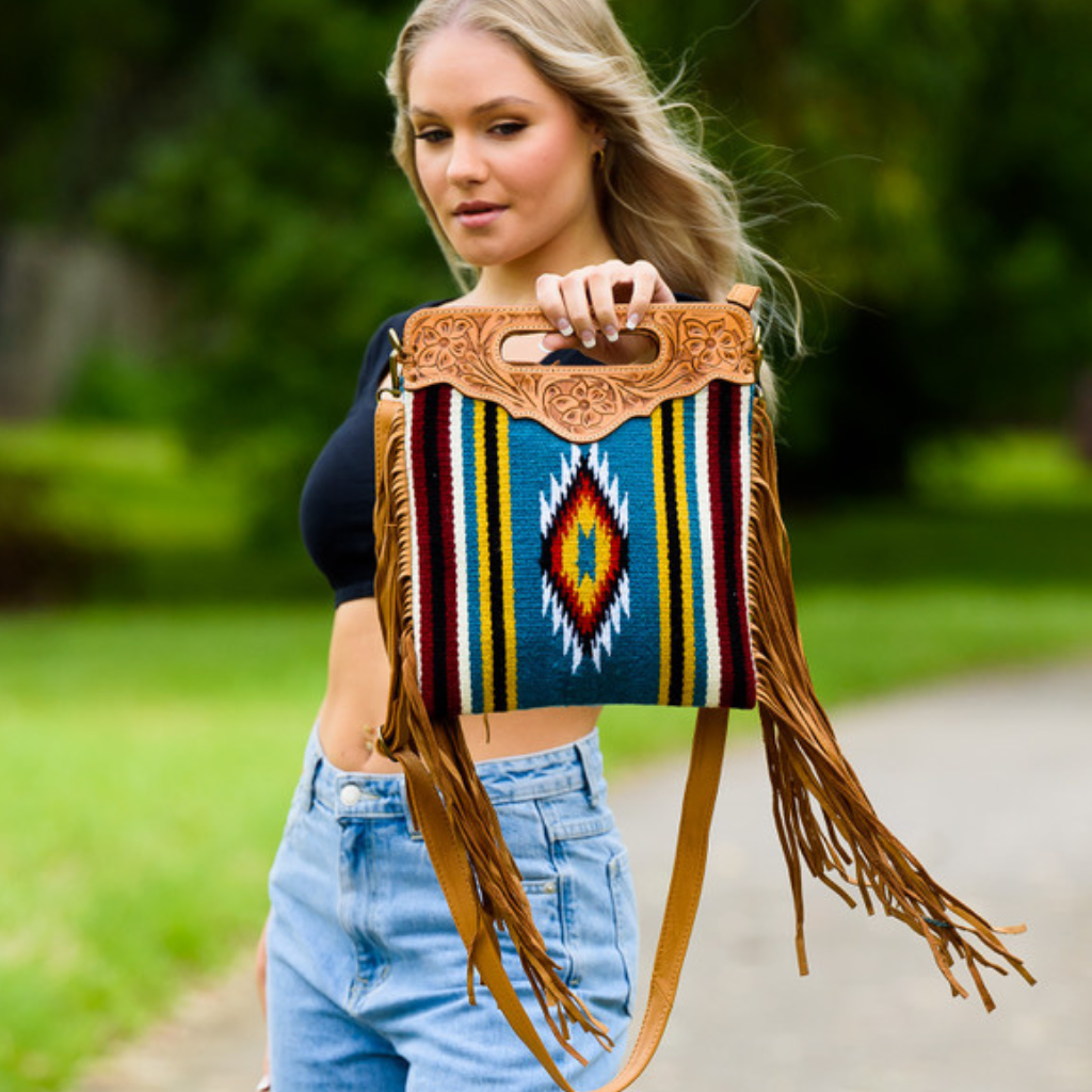 Saddle Blanket Sling Bag - Tan Tooled Leather w/finge