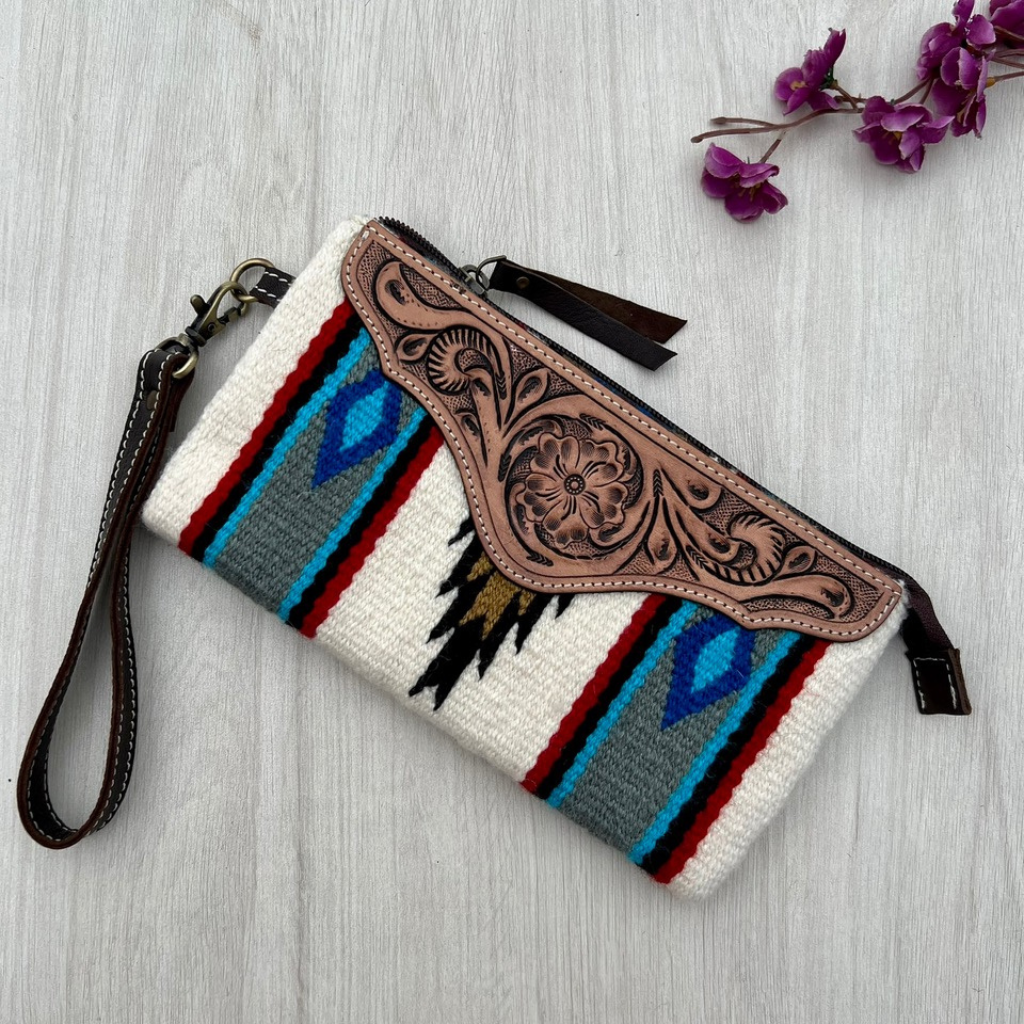 Saddle Blanket White Clutch w/Tooled Leather - Turquoise/Brown