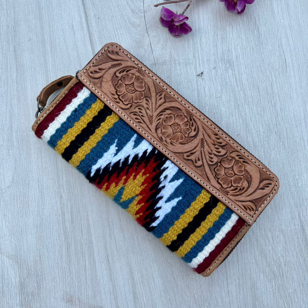 Saddle Blanket Zippered Wallet - Brown Tooled Leather