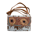 Cowhide Sunflower Tooling Leather Wallet Bag - Tan