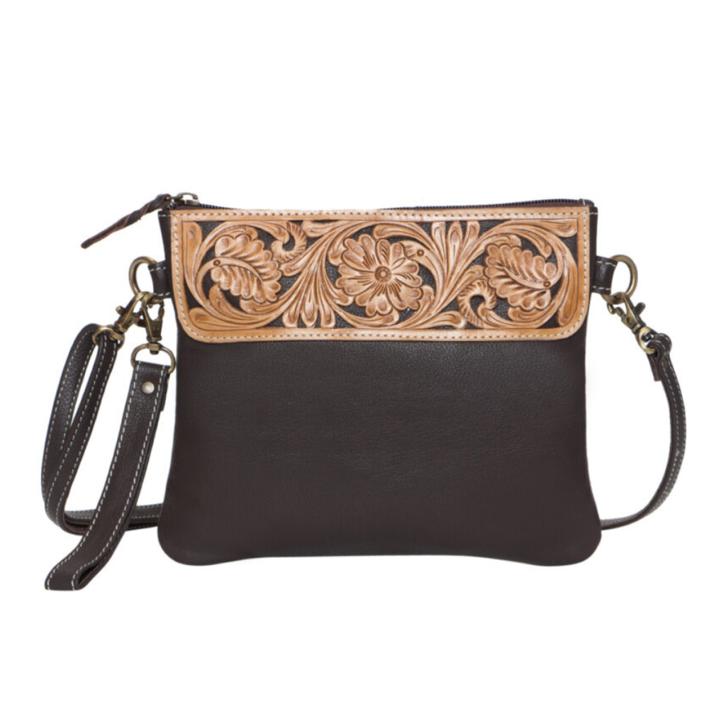 Tooling Leather Hand Carved Clutch Bag - Brown