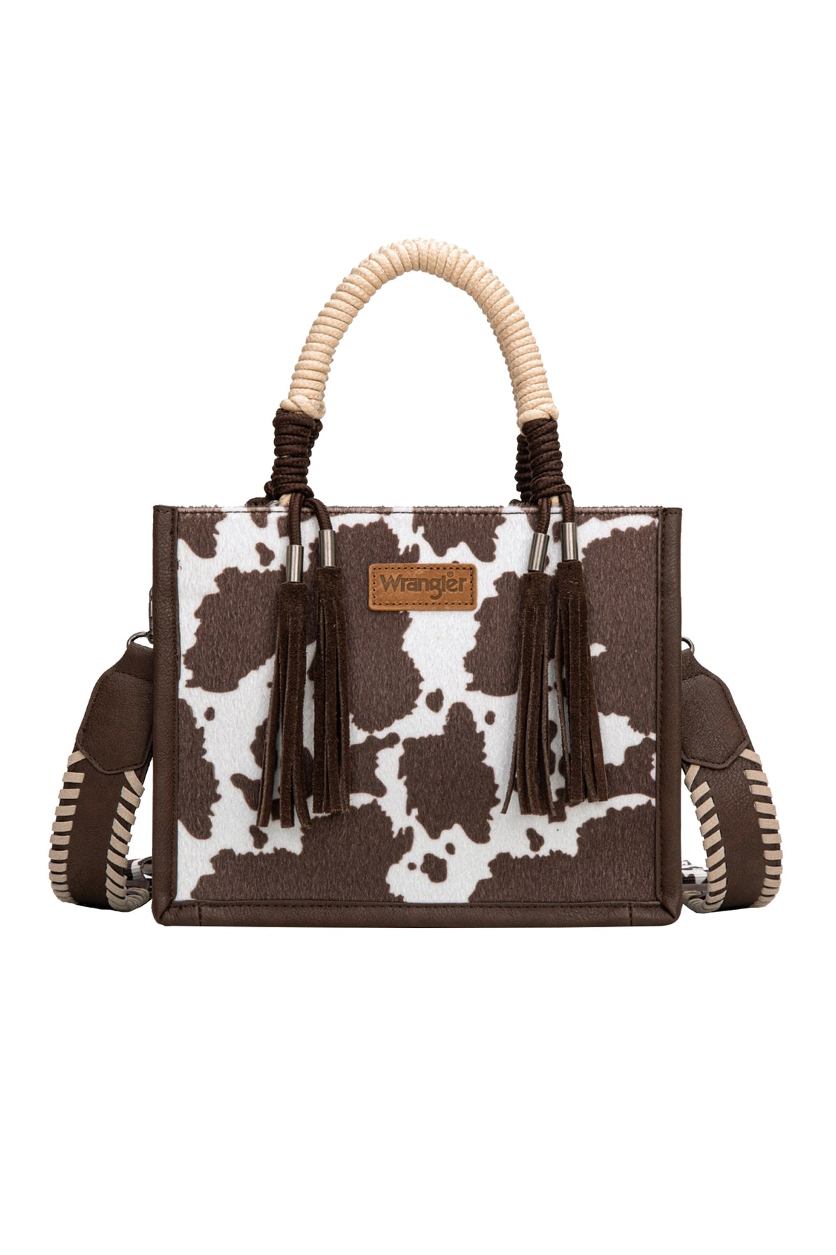 Wrangler Cow Print Tassel Crossbody Bag - Chocolate