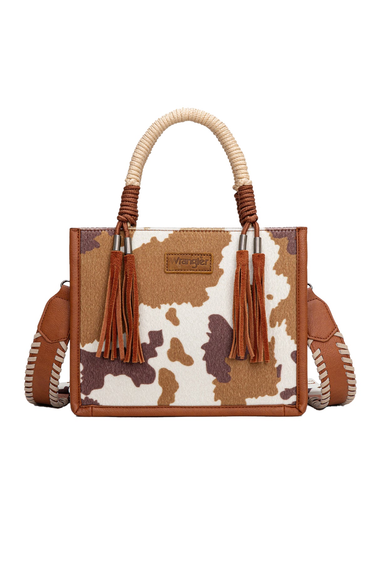 Wrangler Cow Print Tassel Crossbody Bag - Tan