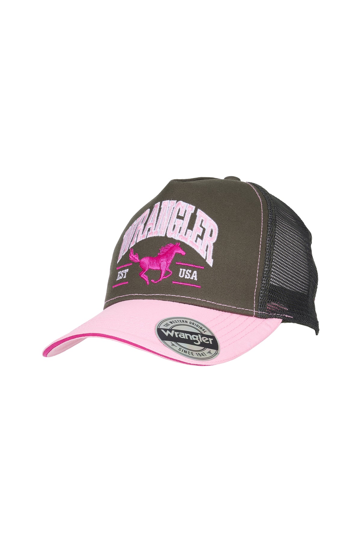Wrangler Erinn High Profile Ponytail Trucker Cap - Olive/Pink