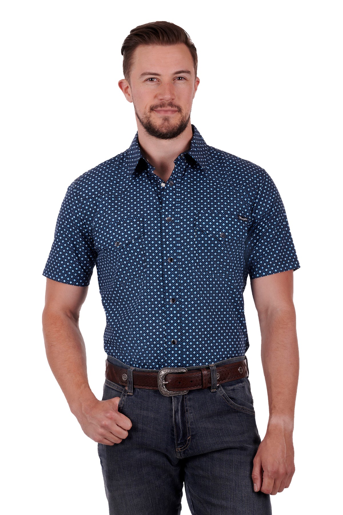 Wrangler Mens Brendon Short Sleeve Shirt - Blue/Black
