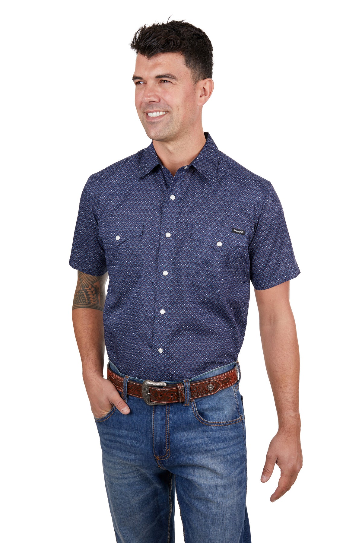 Wrangler Mens Matt Short Sleeve Shirt - Navy/Blue