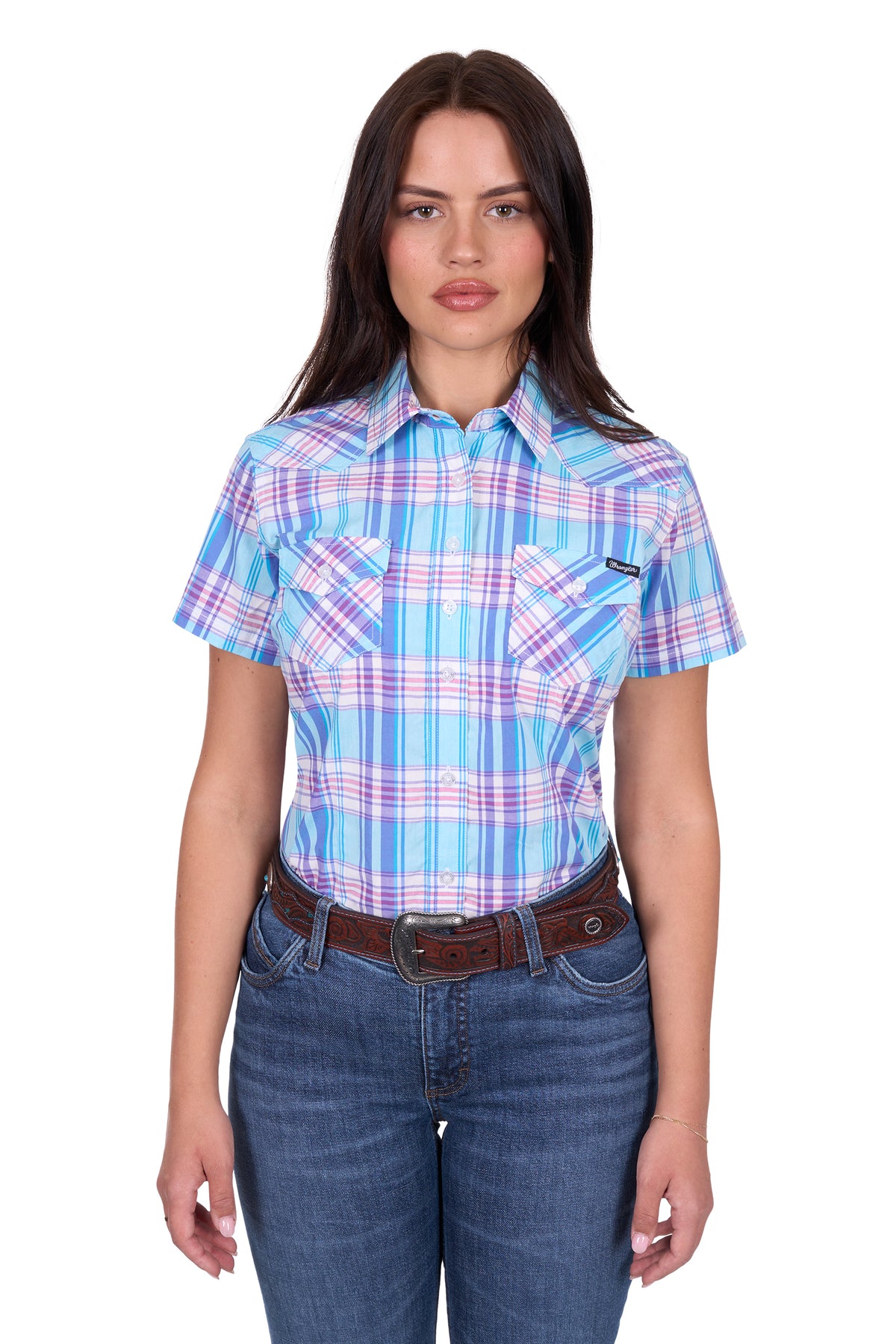 Wrangler Womens Emily Check Short Sleeve Shirt - Blue