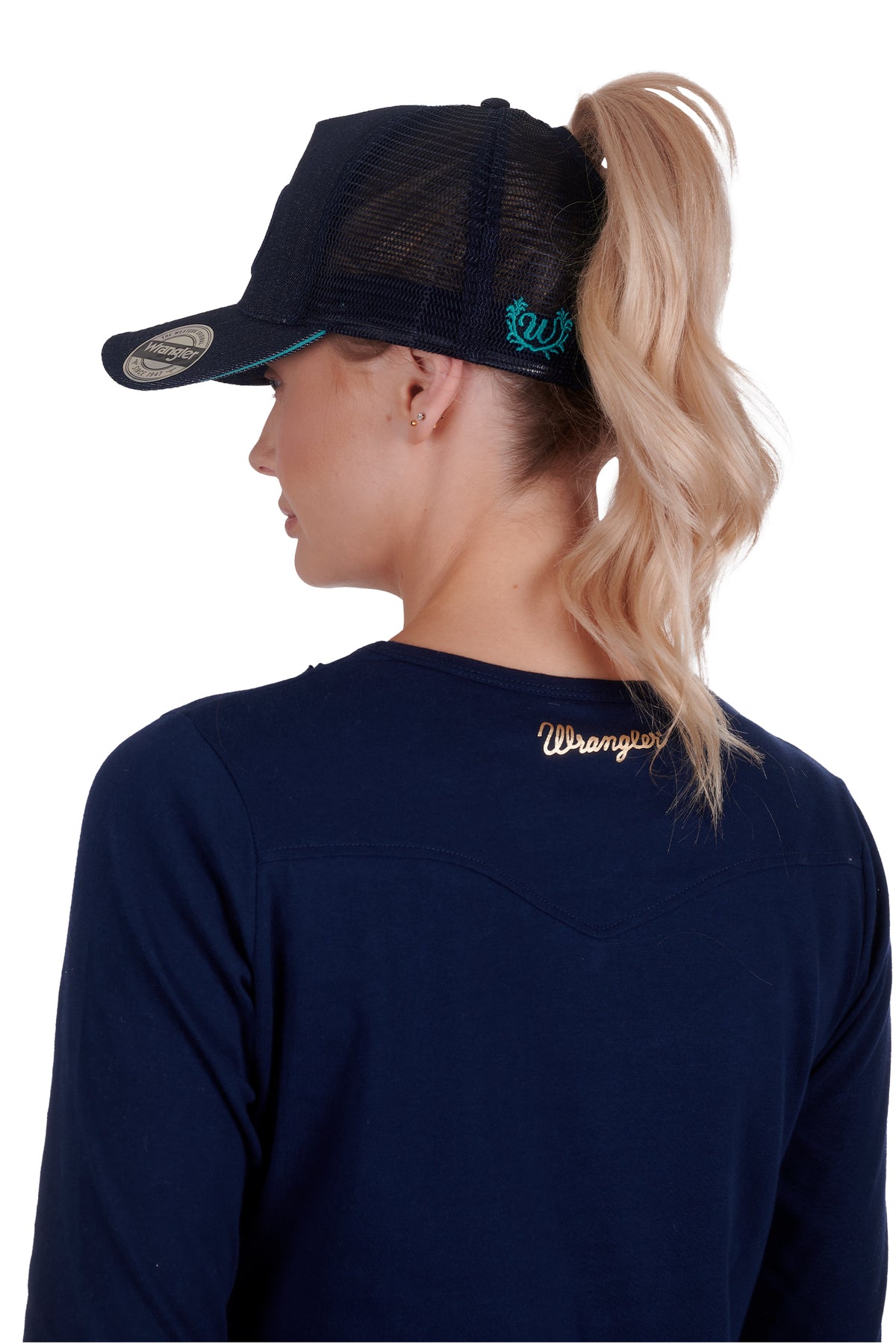 Wranlger Nat High Profile Pony Tail Trucker Cap - Navy