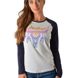 Bullzye Womens Sunset Steer Raglan Tee - White Marle/Navy