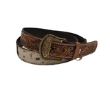 Cowhide Tooled Leather Belt - Brown/White