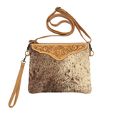 Cowhide Tooled Leather Clutch Bag - Tan/White