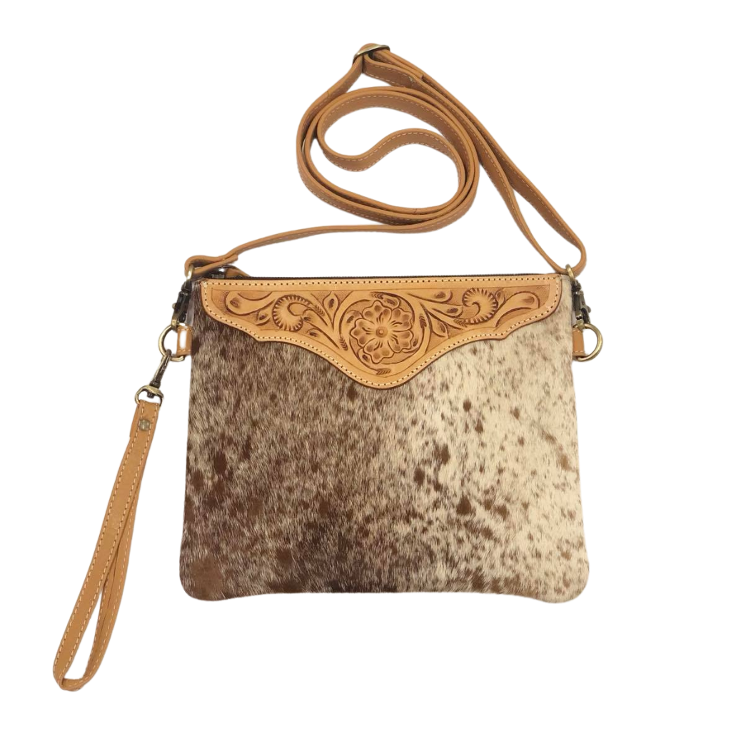 Cowhide Tooled Leather Clutch Bag - Tan/White