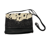 Cowhide Leather Rectangular Flap Tooled Leather Bag - Black/White