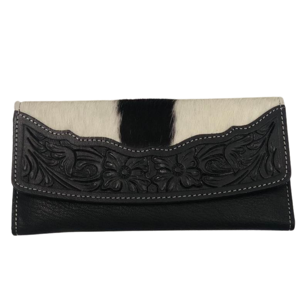 Cowhide Flap Tooled Leather Wallet - Black/White