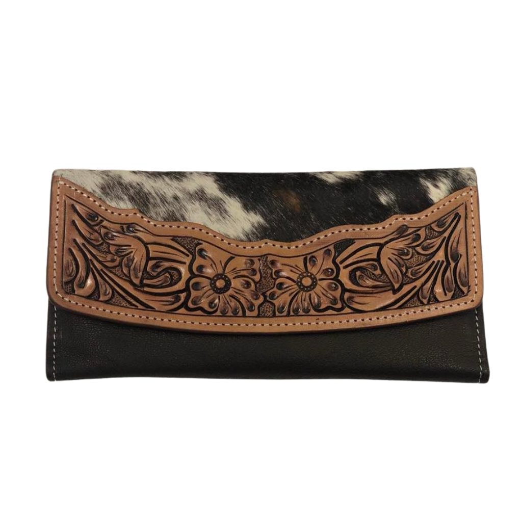 Cowhide Flap Tooled Leather Wallet - Brown/White