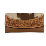 Cowhide Flap Tooled Leather Wallet - Tan/White