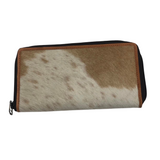 Cowhide Front Zipper Wallet - Tan/White/Tan