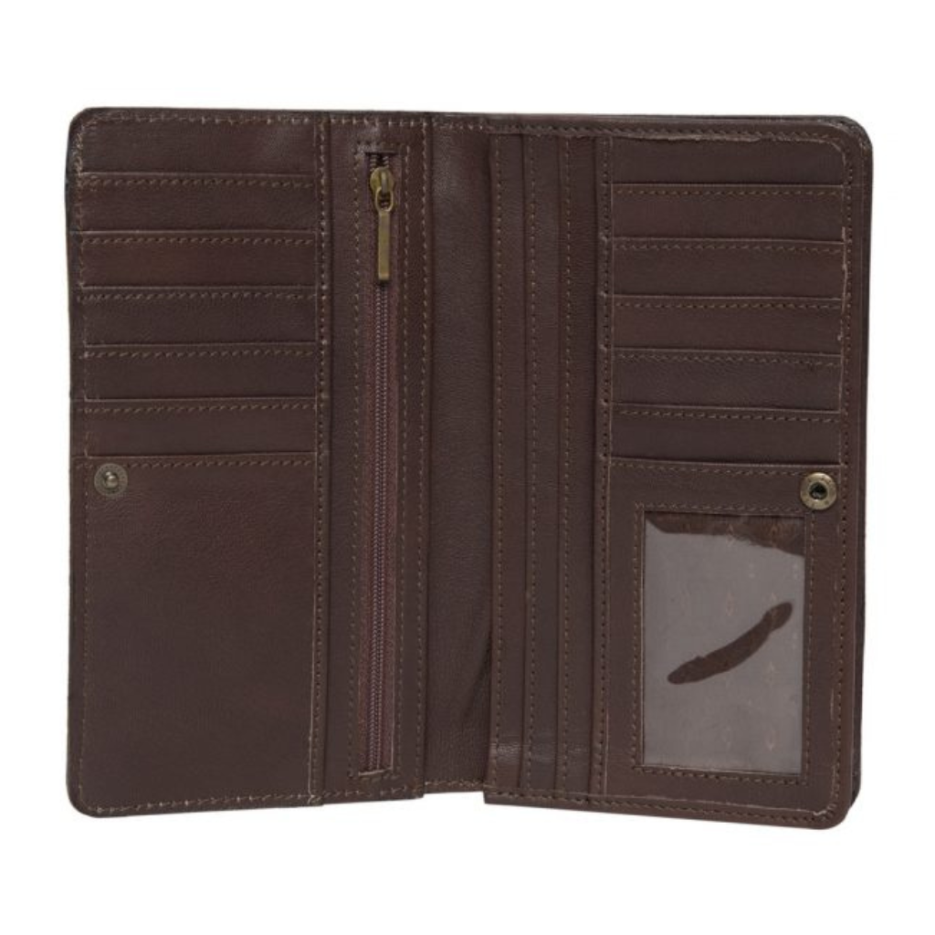 Cowhide Slim Tooled Leather Wallet - Brown/White