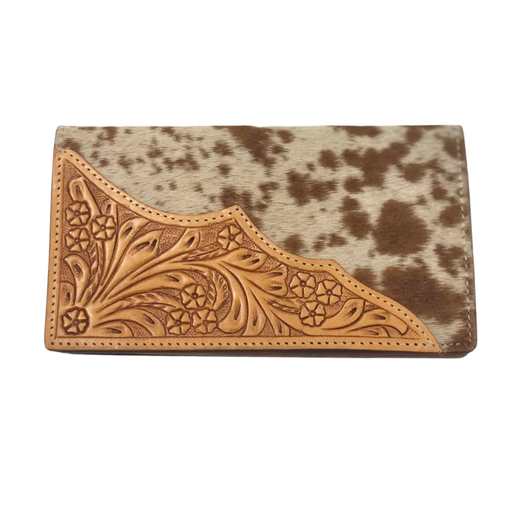 Cowhide Slim Tooled Leather Wallet - Tan/White