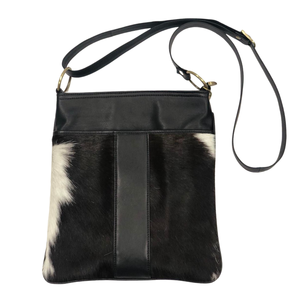 Cowhide Sling Bag w/Front Pocket - Black/White/Black