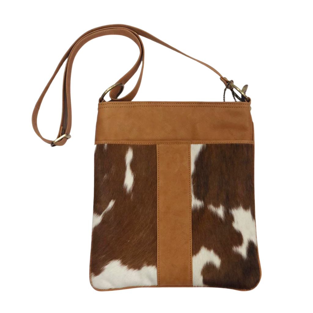 Cowhide Sling Bag w/Front Pocket - Tan/White/Tan