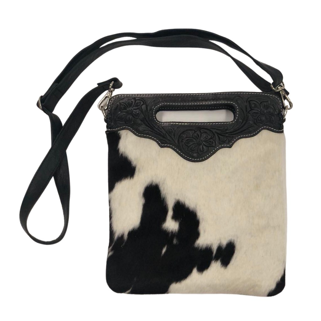 Cowhide Leather Sling Tooled Leather Bag - Black/White