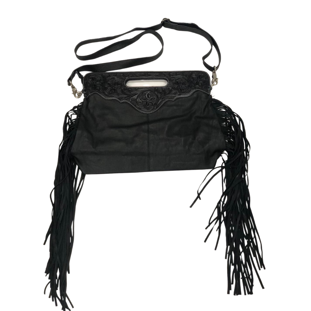 Cowhide Tooled Leather Bag W/Fringe - Black/White