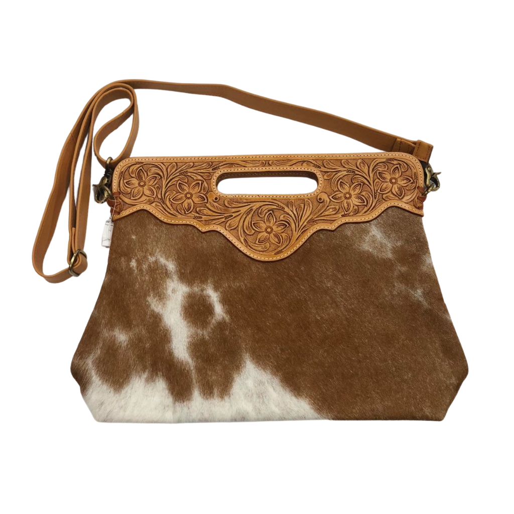 Cowhide Tooled Leather Bag - Tan/White