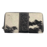 Cowhide Zippered Tooled Leather Wallet - Black/White