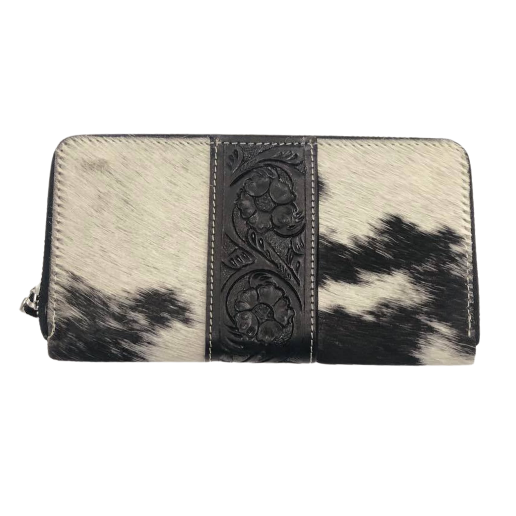 Cowhide Floral Zippered Wallet with Built-in Strap