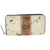 Cowhide Zippered Tooled Leather Wallet - Brown/White