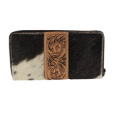 Cowhide Zippered Tooled Leather Wallet - Brown/White