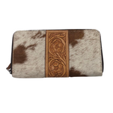 Cowhide Zippered Tooled Leather Wallet - Tan/White