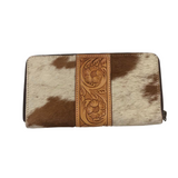Cowhide Zippered Tooled Leather Wallet - Tan/White