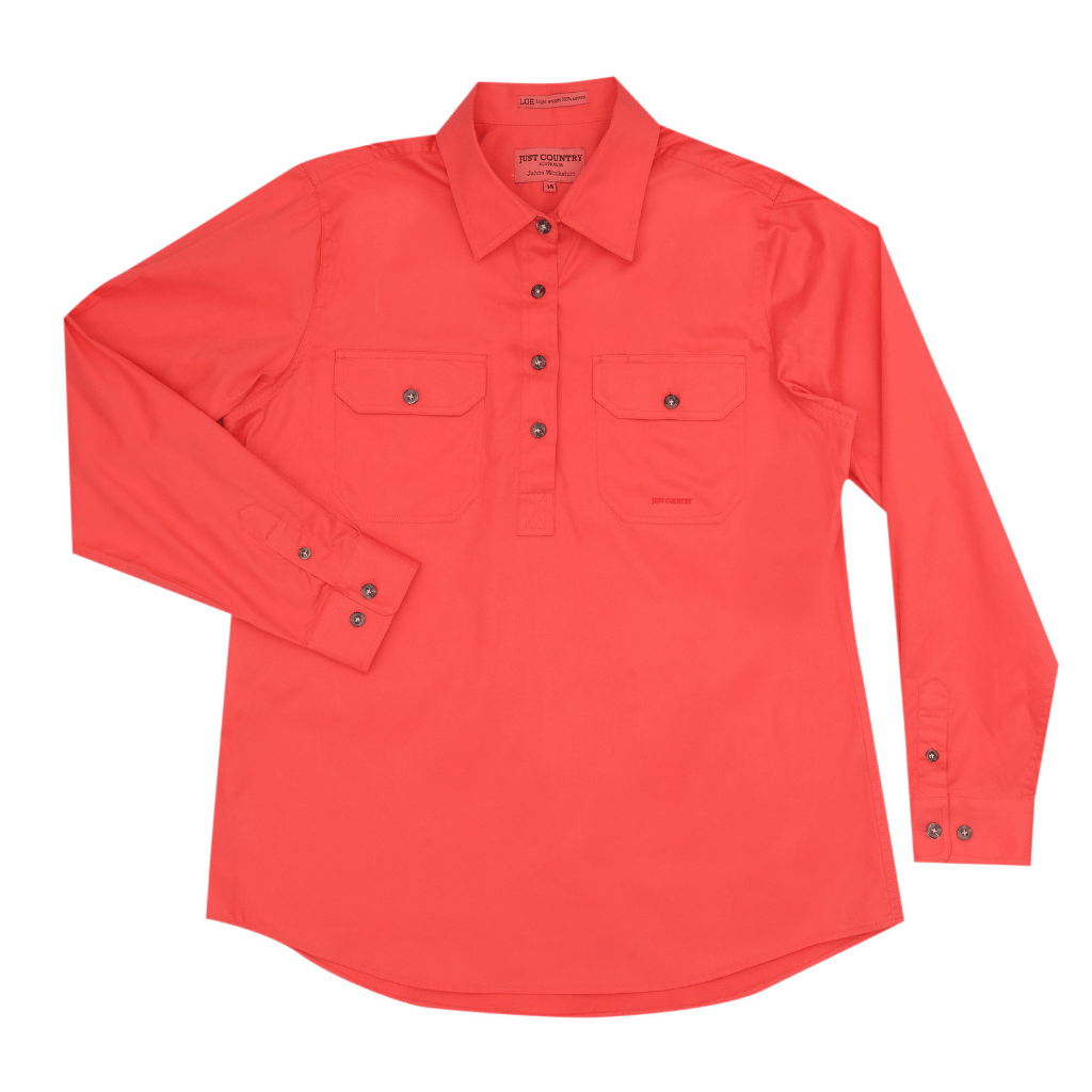 Just Country Womens Jahna Half Button Workshirt - Hot Coral