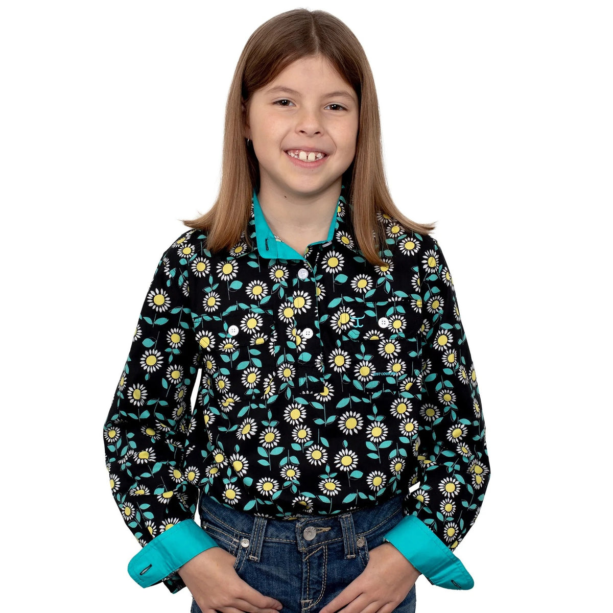 Just Country Girls Harper Half Button Print Shirt - Black Sunflowers
